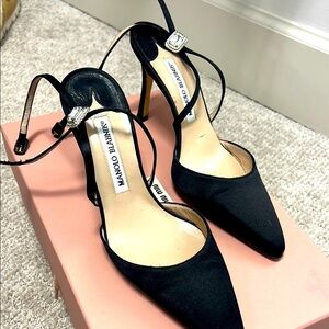 Manolo Blahnik Black Satin Heels with Silver Accents